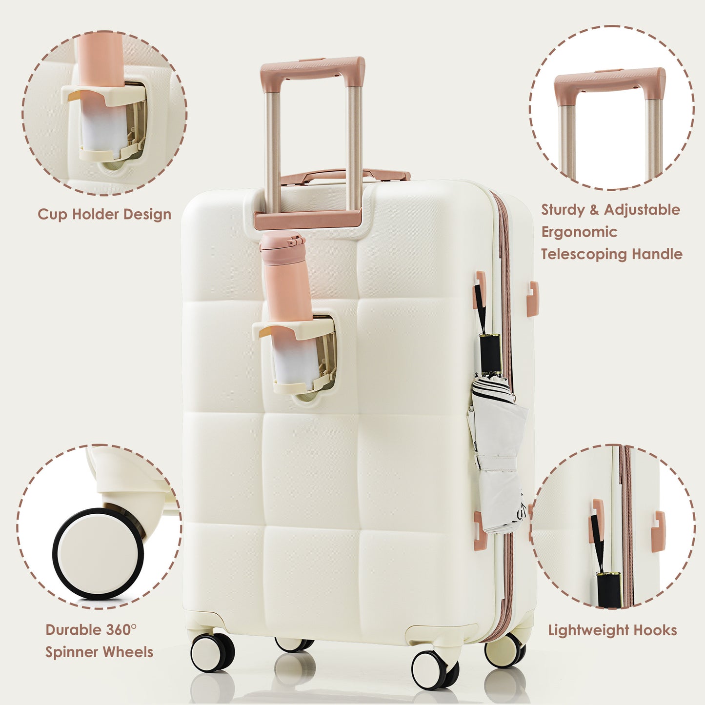 Durable 4-Piece Suitcase Set – USB Charging, Cup Holder & Travel Bag