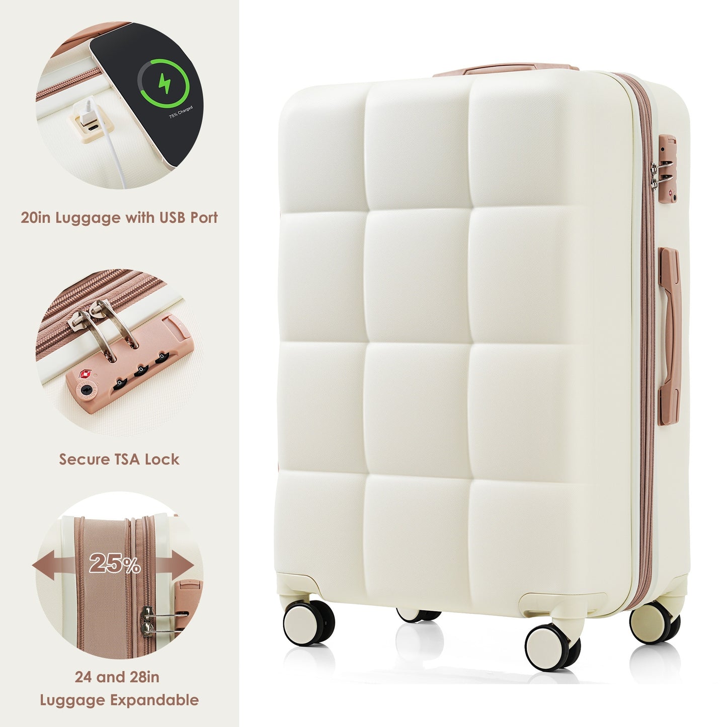Durable 4-Piece Suitcase Set – USB Charging, Cup Holder & Travel Bag