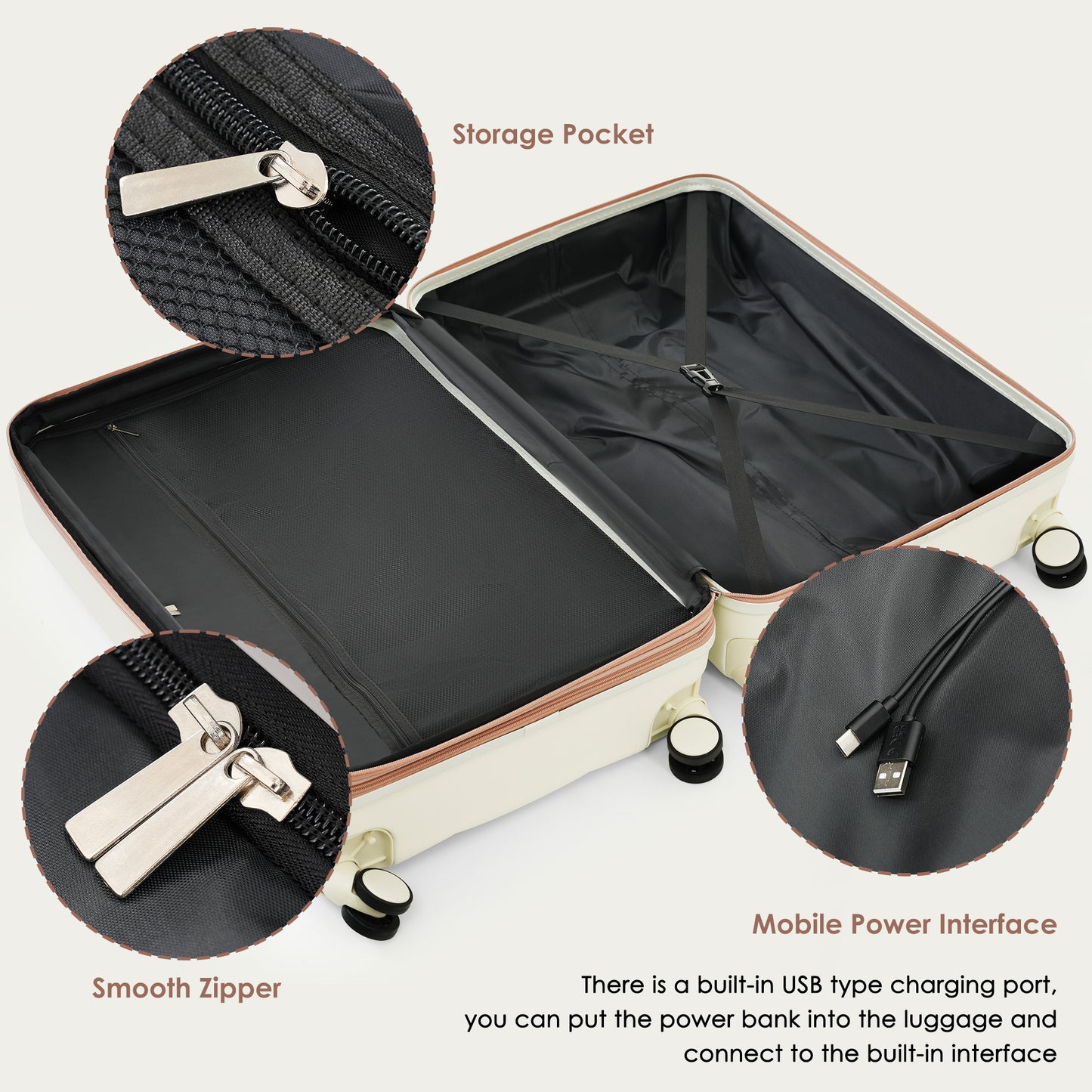 Durable 4-Piece Suitcase Set – USB Charging, Cup Holder & Travel Bag